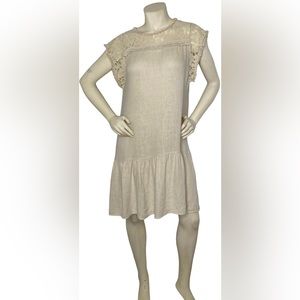 ALLEGRA MASETTI Firenze Beige Pure Linen/Lace Babydoll Dress, Made In Italy, S